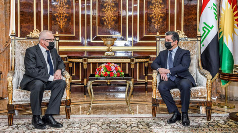 PM Masrour Barzani (right) during his meeting with Ambassador Matti Lassila, newly appointed envoy of Finland to Iraq, Dec. 5, 2021. (Photo: KRG)