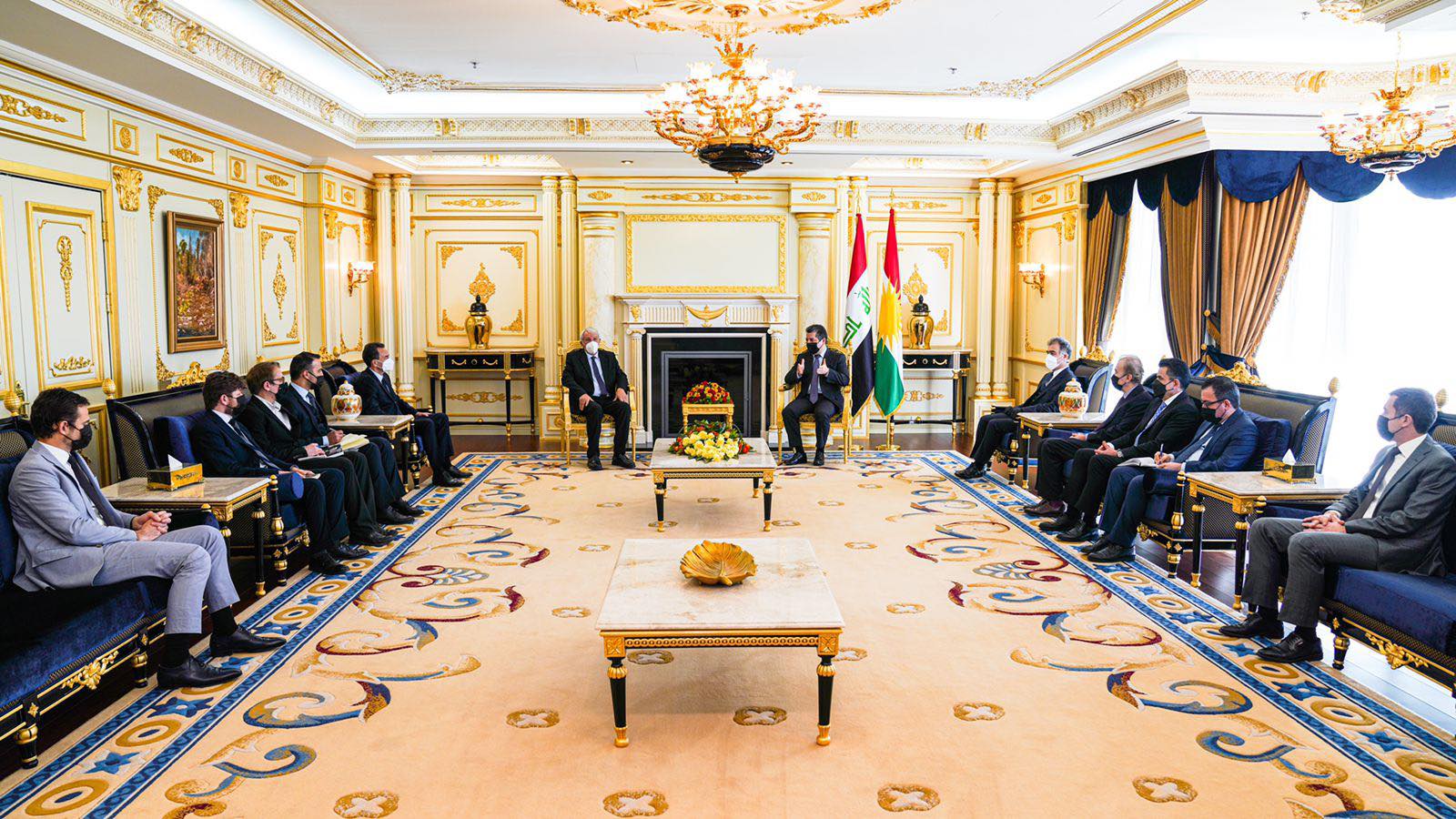PM Barzani (top right) during his meeting with Gilbert Mitterrand, the son of the late former French First Lady Danielle Mitterrand, in Erbil, Dec. 7, 2021. (Photo: KRG)