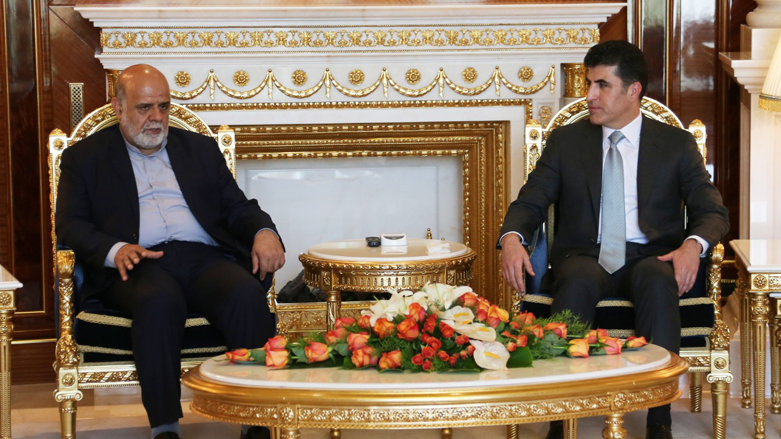 Kurdistan Region President Nechirvan Barzani (right) during a meeting with Iranian Ambassador to Iraq Iraj Masjed, Dec. 21, 2021. (Photo: Kurdistan Region Presidency)