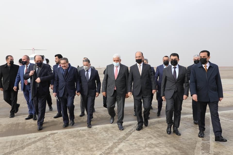 KDP and Shiite Coordination Framework officials walk together at Erbil International Airport, Dec. 22, 2021. (Photo: Erbil Governorate)