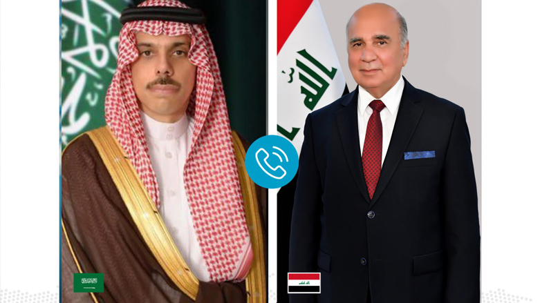 Saudi Arabia’s Minister of Foreign Affairs Prince Faisal bin Farhan Al Saud (left) and Iraq’s Foreign Minister Fuad Hussein (right). (Photo: Iraq's Foreign Ministry Website)