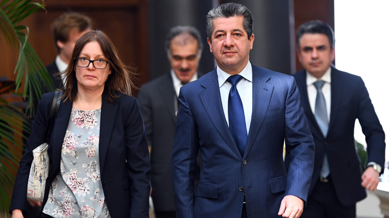 Kurdistan Region Prime Minister Masrour Barzani (right) walking alongside Sweden’s Ambassador to Iraq Jessica Svärdström, Dec. 6, 2022. (Photo: KRG)