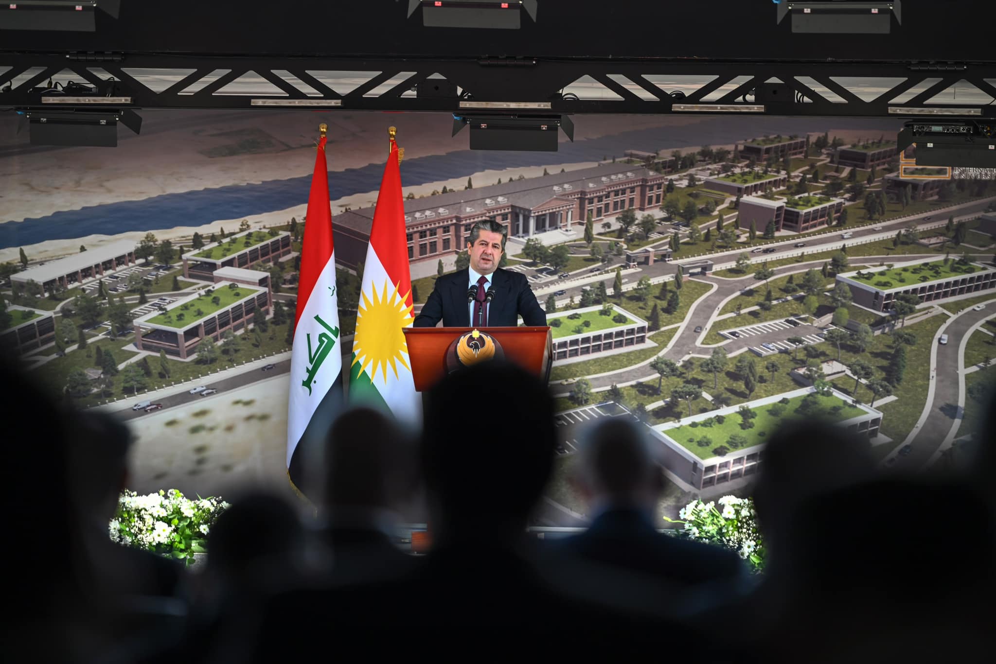 Kurdistan Region Prime Minister Masrour Barzani delvering his speech during the groundbreaking ceremony of the first-ever British International University in Erbil, Dec. 8, 2022. (Photo: KRG)
