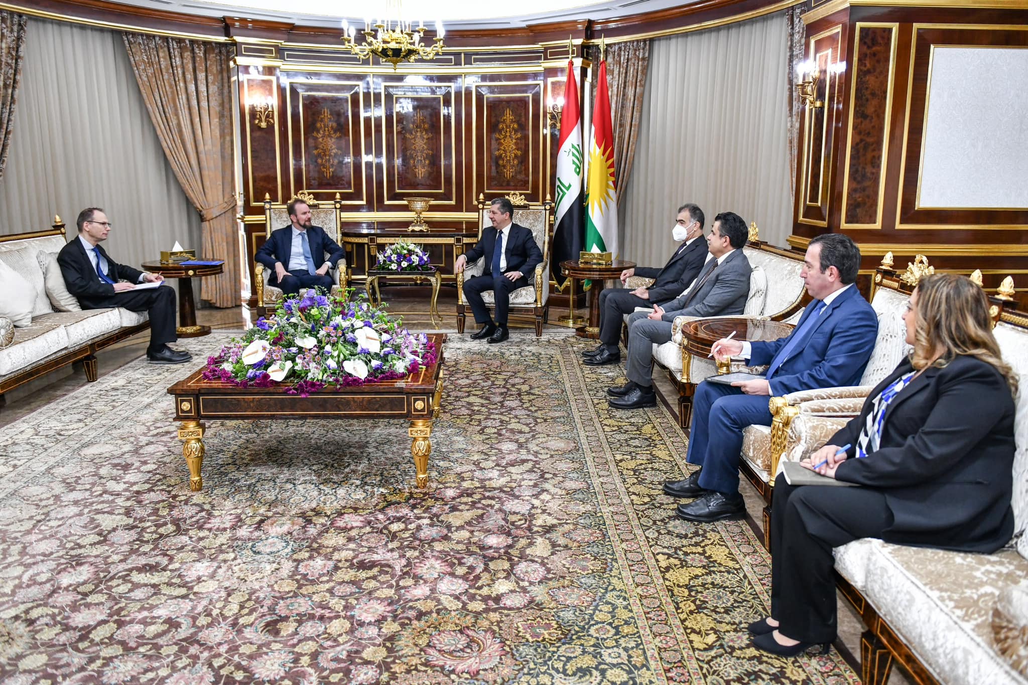 Kurdistan Region Prime Minister Masrour Barzani (top right) during his meeting with EU Ambassador to Iraq Ville Varjola in Erbil, Dec. 12, 2022. (Photo: KRG)