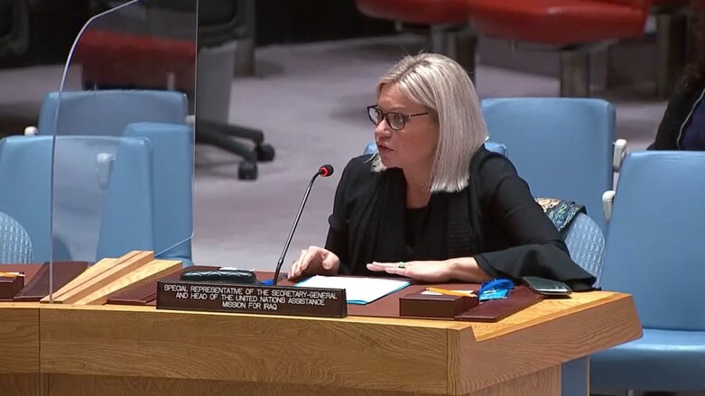 Special Representative of the UN Secretary-General for Iraq Jeanine Hennis-Plasschaert briefing the UN Security Council (Photo: UNAMI/Twitter)