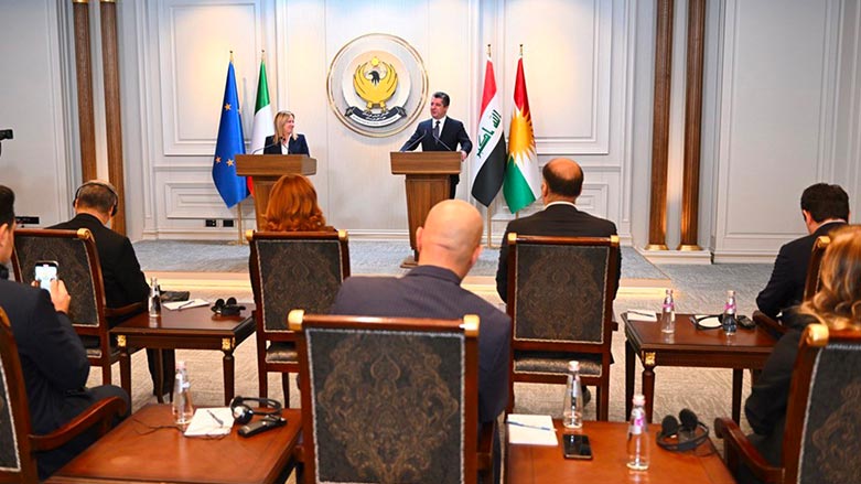 Prime Minister Masrour Barzani (right) in a press conference with his counterpart Giorgia Meloni, Dec. 23, 2022. (Photo: Kurdistan Regional Government)