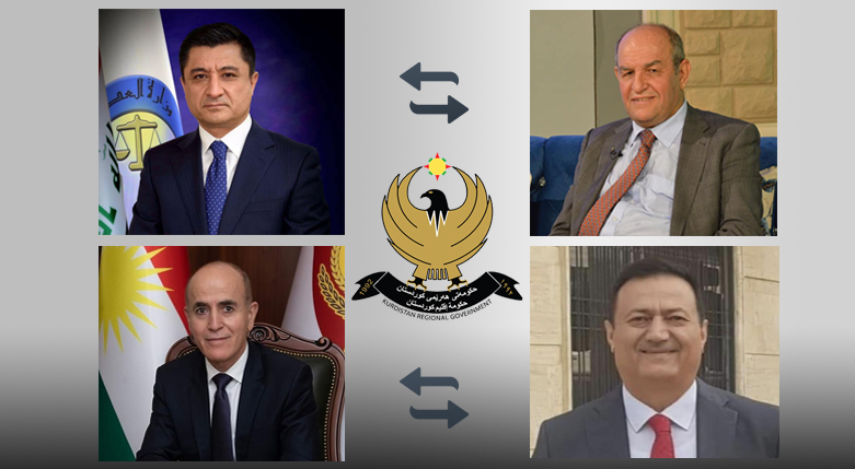 Ahmed Askary (top right) replacing Khalid Shwany (top left). Rebaz Berkoty (bottom right) is set to take over ministry of Peshmerga Afffairs, currently held by Shorish Ismael (bottom left). (Photo: Designed by Kurdistan 24)