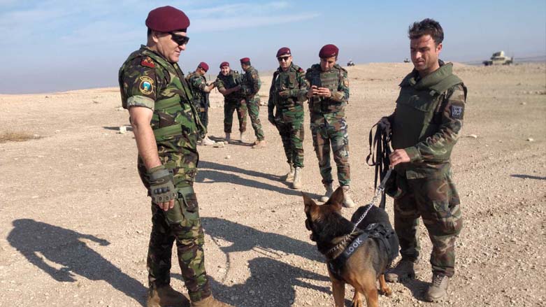 Members of Peshmerga forces standing with a K9 dog during a sweeping operation in Makhmour, Dec. 28, 2022. (Photo: Ministry of Peshmerga Affairs)