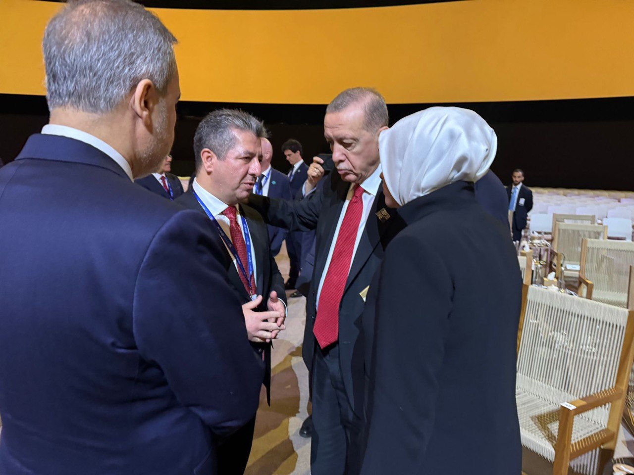 Prime Minister Masrour Barzani (left) meets with Turkish President Recep Tayyib Erdogan and Turkish Foreign Minister Hakan Fidan, Dec. 1, 2023. (Photo: KRG)