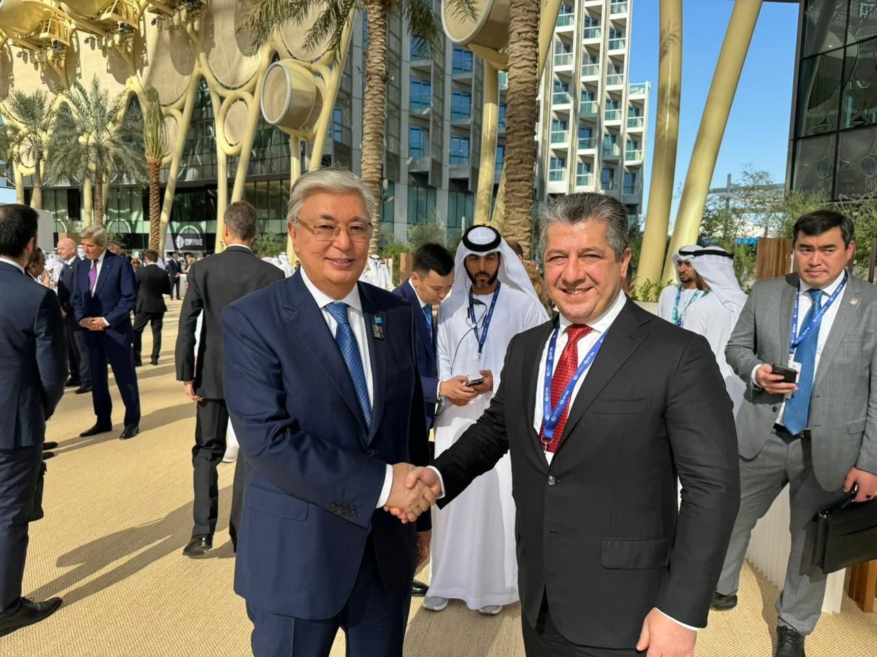 Kurdistan Region Prime Minister Masrour Barzani (left) shaking hands with President of Kazakhstan, Kassym-Jomart Tokayev, Dec. 1, 2023. (Photo: KRG)