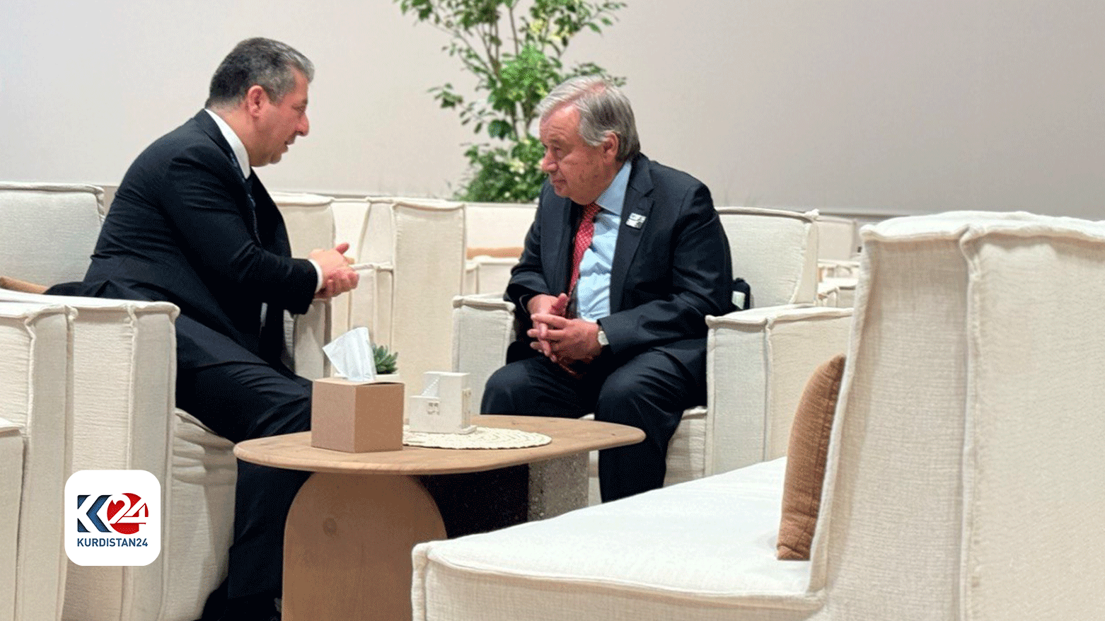 Kurdistan Region Prime Minister Masrour Barzani (left) during his meeting with United Nations Secretary-General Antonio Guterres, Dec. 2, 2023. (Photo: KRG)