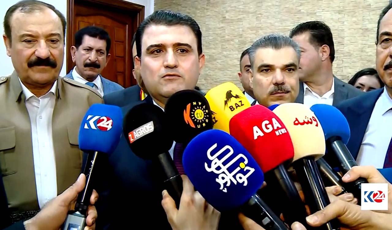 President of KRG Diwan and member of the KDP Central Committee Omed Sabah speaking to reporters in Kirkuk, Dec. 7, 2023. (Photo: Kurdistan 24)