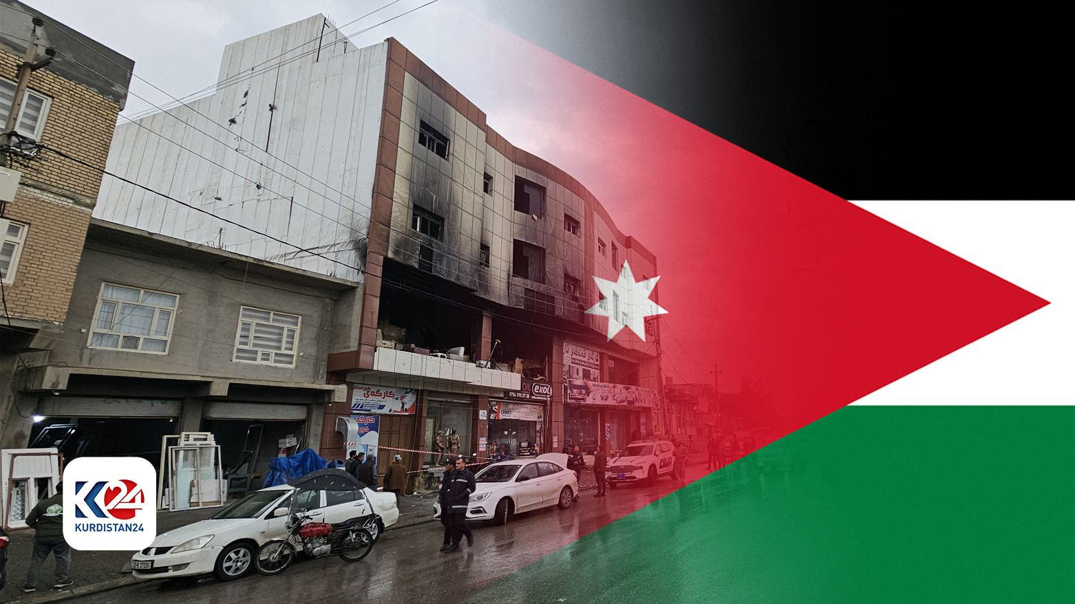 Combined photos of flag of Hashemite Kingdom of Jordan with a burned down facade of the residential building in Soran, Dec. 9, 2023. (Photo: Designed by Kurdistan 24/Rahanad Mohammad)
