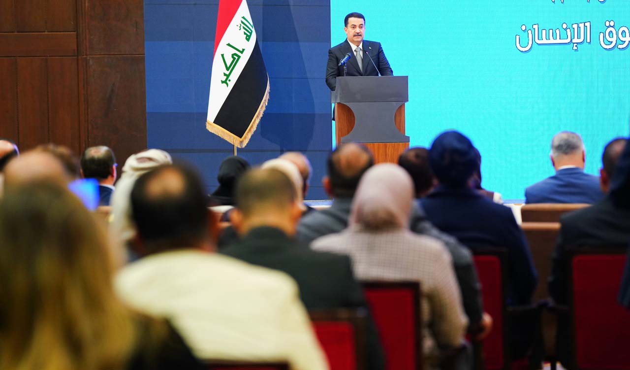Iraqi Prime Minister Mohammad Shia' Al-Sudani speaking at the the second conference of the National Plan for Human Rights in Baghdad, Dec. 10, 2023. (Photo: Iraqi Prime Minister's Office)