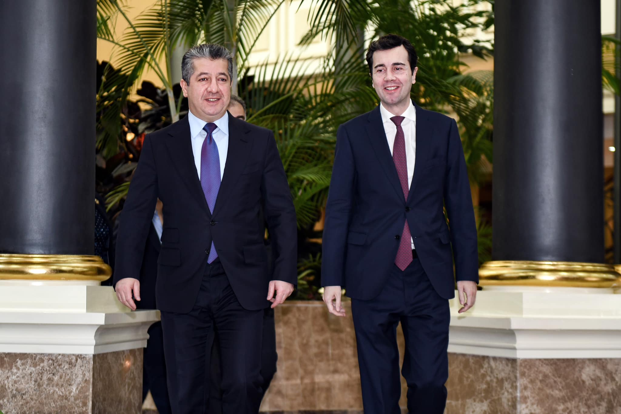 Kurdistan Region Prime Minister Masrour Barzani (left) walking alongside the newly inaugurated Greek Consul General Nikolaos Stergioulas in Erbil, Dec. 11, 2023. (Photo: KRG)