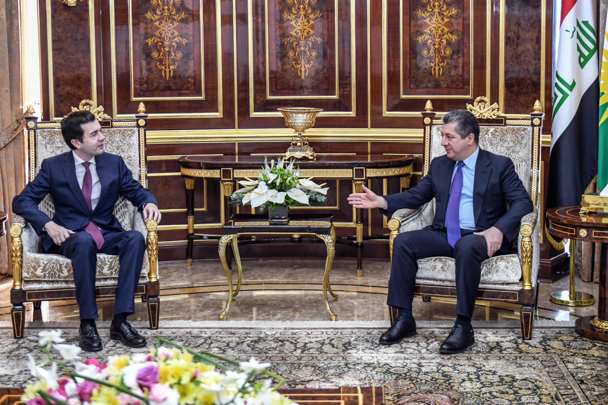 Kurdistan Region Prime Minister Masrour Barzani (right) during his meeting with newly inaugurated Greek Consul General Nikolaos Stergioulas in Erbil, Dec. 11, 2023. (Photo: KRG)