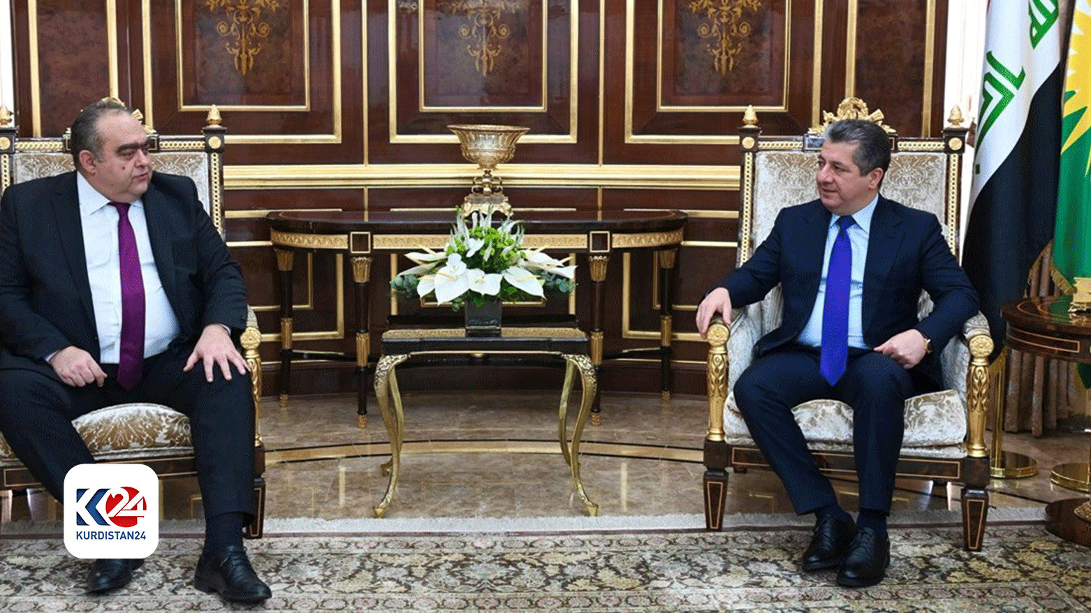 Kurdistan Region Prime Minister Masrour Barzani (right) during his meeting with the Ambassador of the Republic of Romania to Iraq, Radu-Octavian Dobre, Dec. 11, 2023. (Photo: KRG)