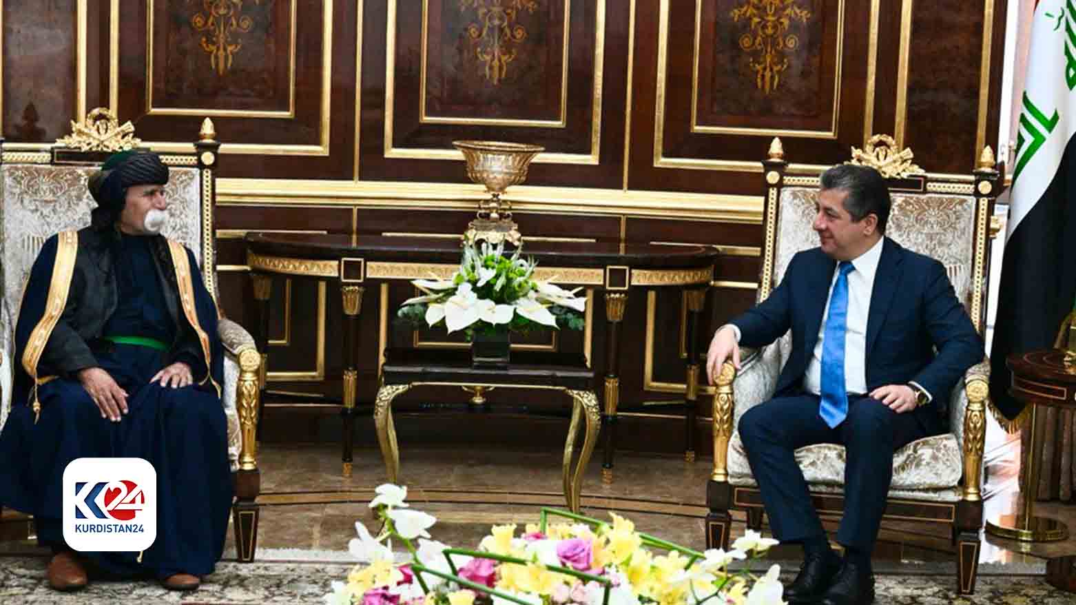 Kurdistan Region Prime Minister Masrour Barzani (right) during his meeting with Kaka'i religious figure Said Raheem Said Azim, Dec. 13, 2023. (Photo: KRG)