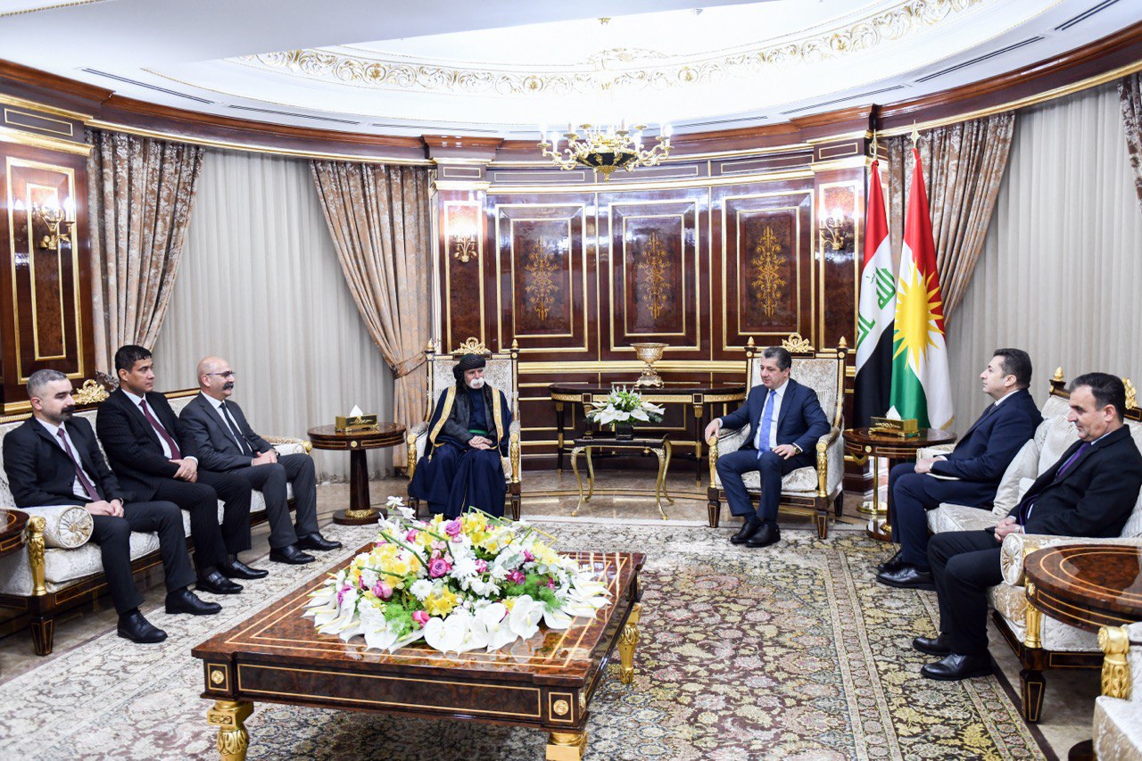 Kurdistan Region Prime Minister Masrour Barzani (top right) during his meeting with Kaka'i religious figure Said Raheem Said Azim, Dec. 13, 2023. (Photo: KRG)