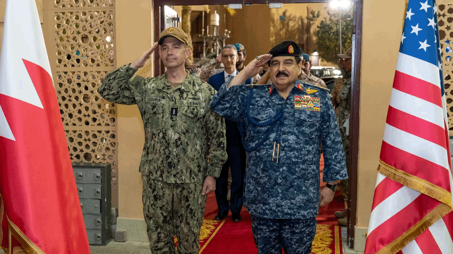 His Majesty King Hamad bin Isa Al Khalifa, King of the Kingdom of Bahrain and Supreme Commander of the Armed Forces, visited U.S. 5th Fleet headquarters in Bahrain, April 16, 2023 (U.S. Naval Forces Central Command Public Affairs)