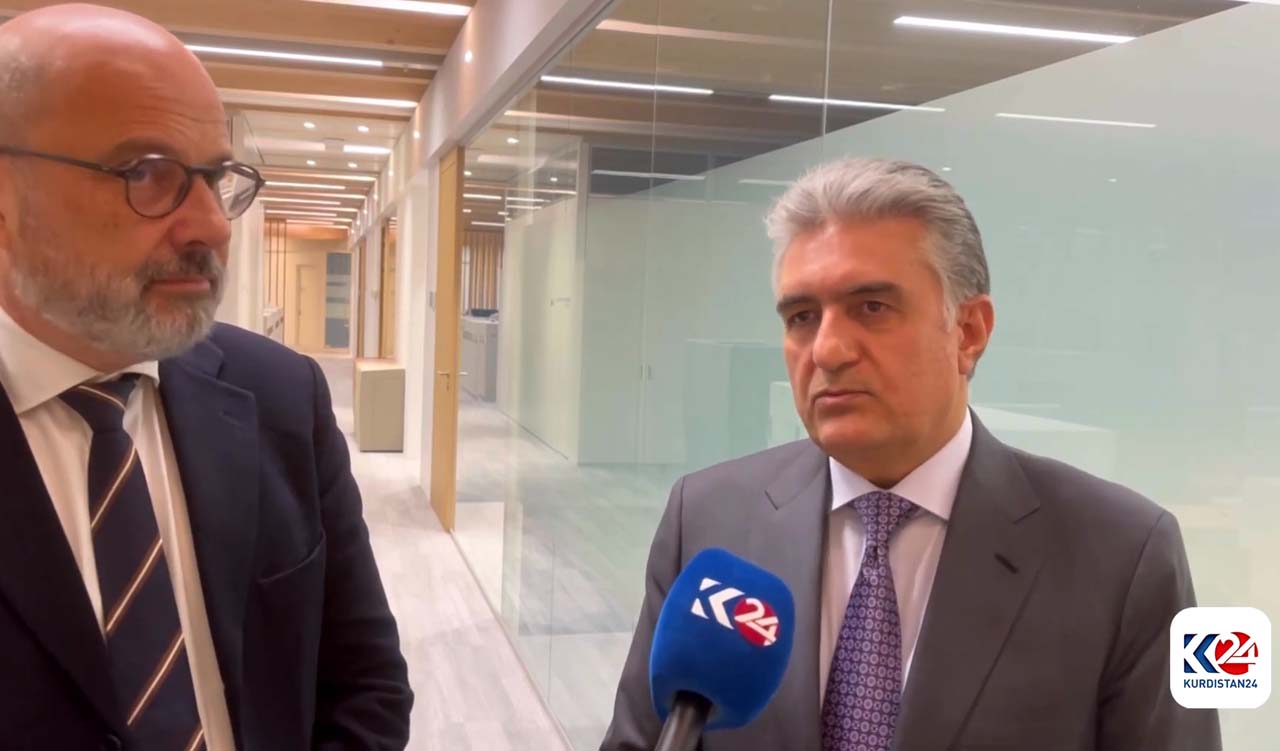 KRG Minister of Interior Reber Ahmed (right) speaking to Kurdistan24 on the sidelines of GRF2023 in Geneva, Switzerland along with UN special advisor Robert Andrew, Dec. 15, 2023. (Photo: Kurdistan24)
