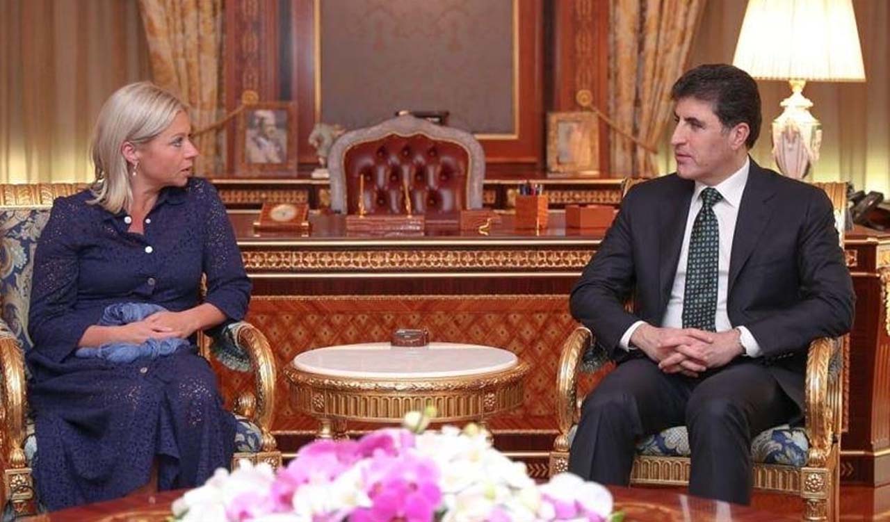 Kurdistan Region President Nechirvan Barzani (right) during his meeting with UN envoy to Iraq Jeanine Hennis-Plasschaert in Erbil, Dec. 16, 2023. (Photo: Kurdistan Region presidency)