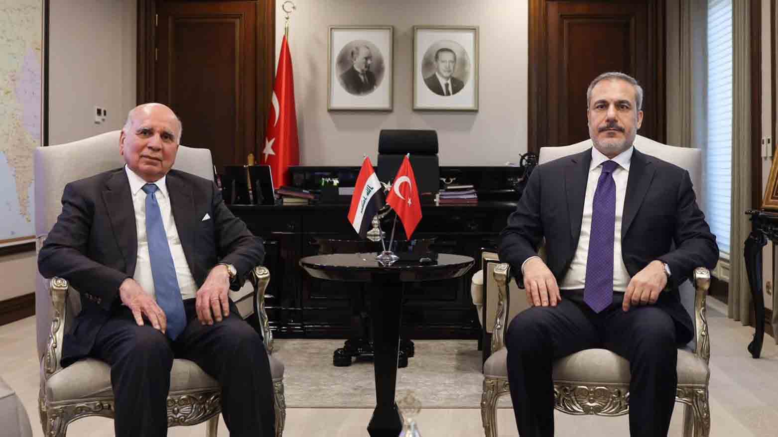 Iraqi Foreign Minister Fuad Hussein (left) during his meeting with Turkish counterpart Hakan Fidan, Dec. 19, 2023. (Photo: INA)