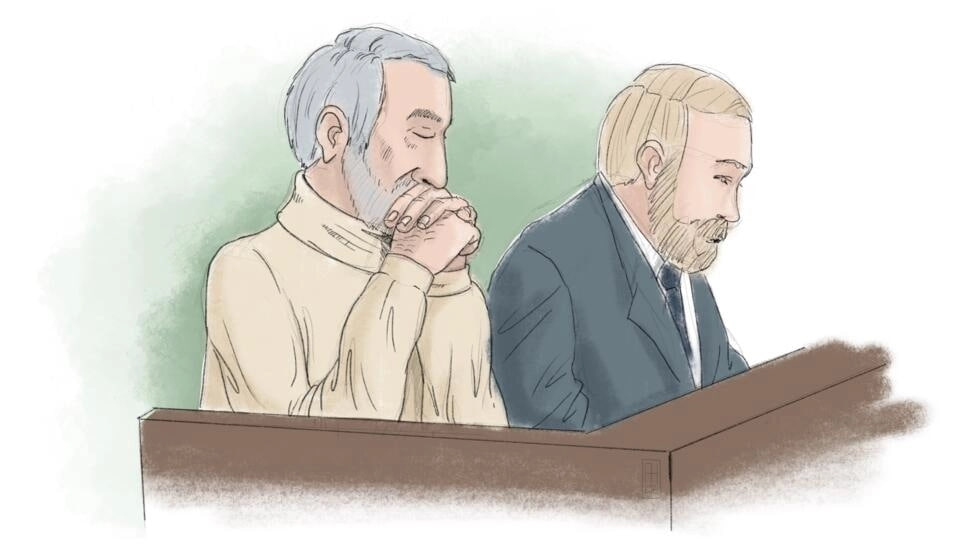 طرحی از حمید نوری و توماس سودرکویست، وکیل او در جریان محاکمه در دادگاه سوئد – از خبرگزاری فرانسه
