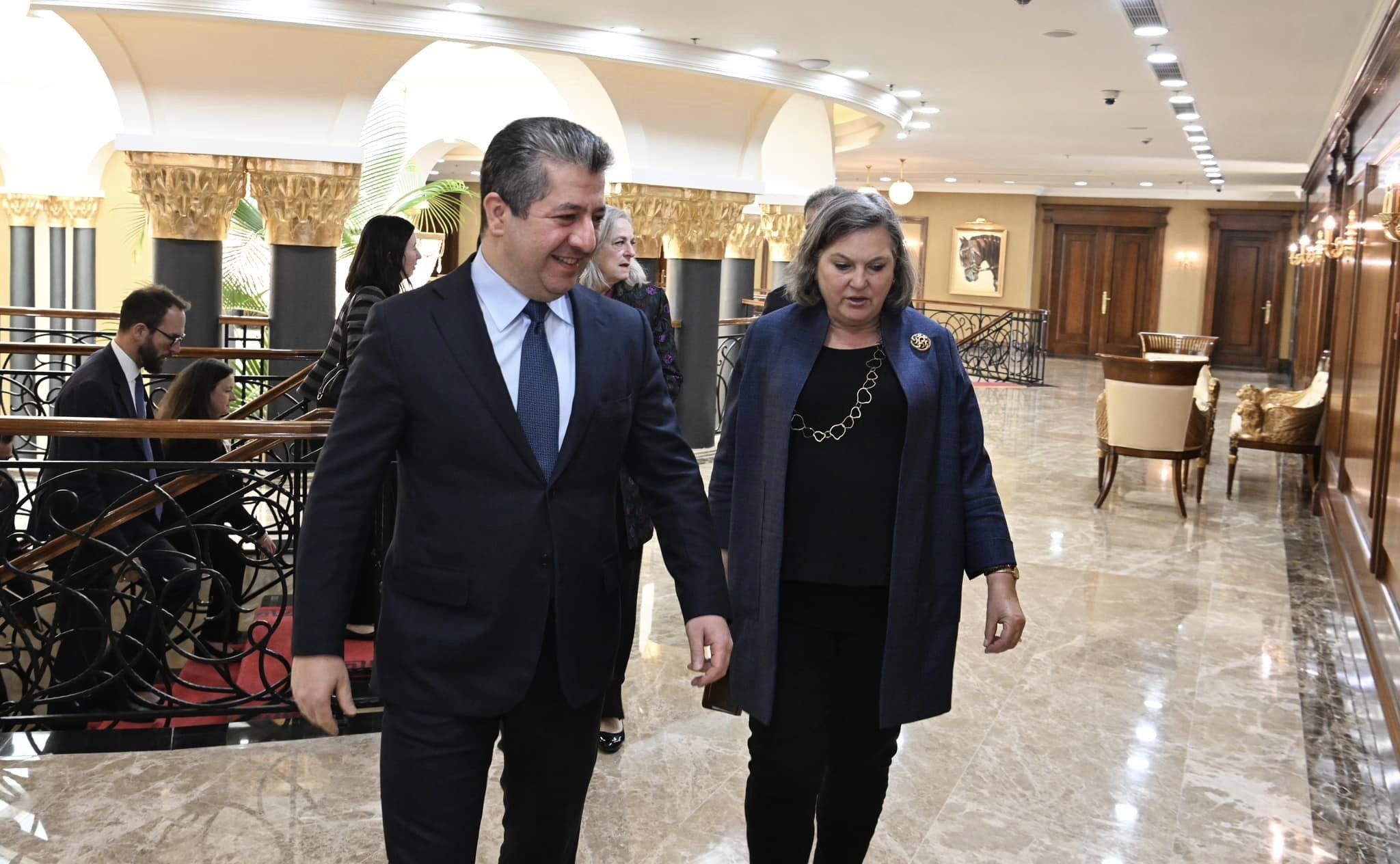Kurdistan Region Prime Minister Masrour Barzani (left) walking alongside Victoria Nuland, the Under Secretary of State for Political Affairs of the United States in Erbil, Dec. 20, 2023. (Photo: KRG)