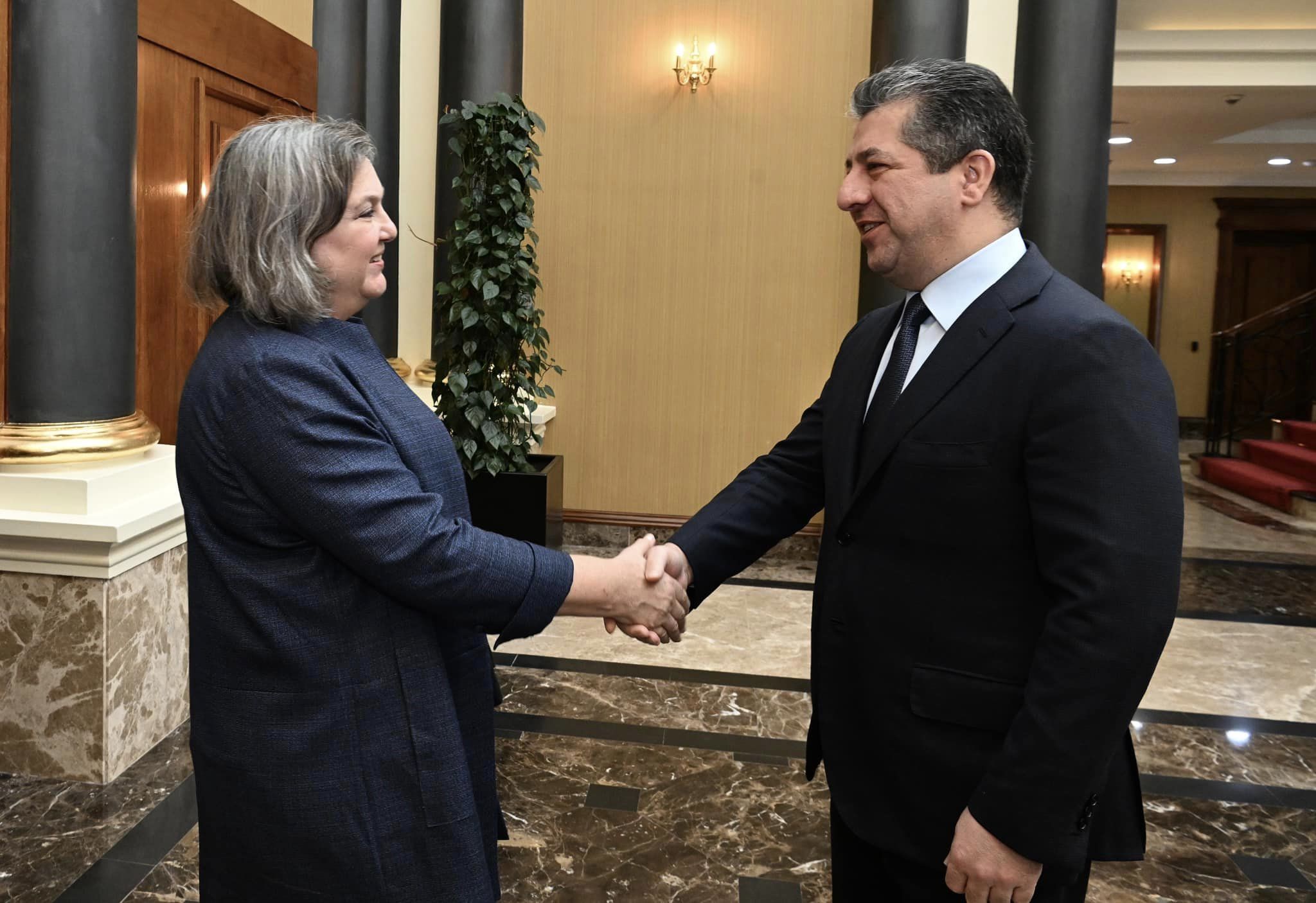 Kurdistan Region Prime Minister Masrour Barzani (right) shaking hands with Victoria Nuland, the Under Secretary of State for Political Affairs of the US in Erbil, Dec. 20, 2023. (Photo: KRG)