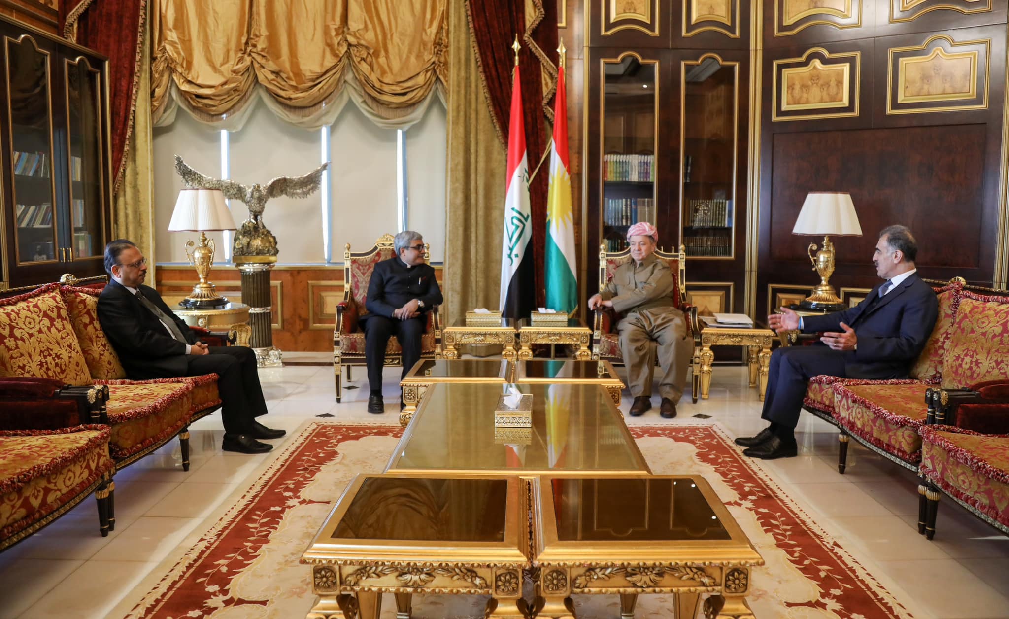 KDP President Masoud Barzani (top right) during his meeting with Indian Consul General in Erbil Madan Gopal, Dec. 21, 2023. (Photo: Barzani Headquarters)