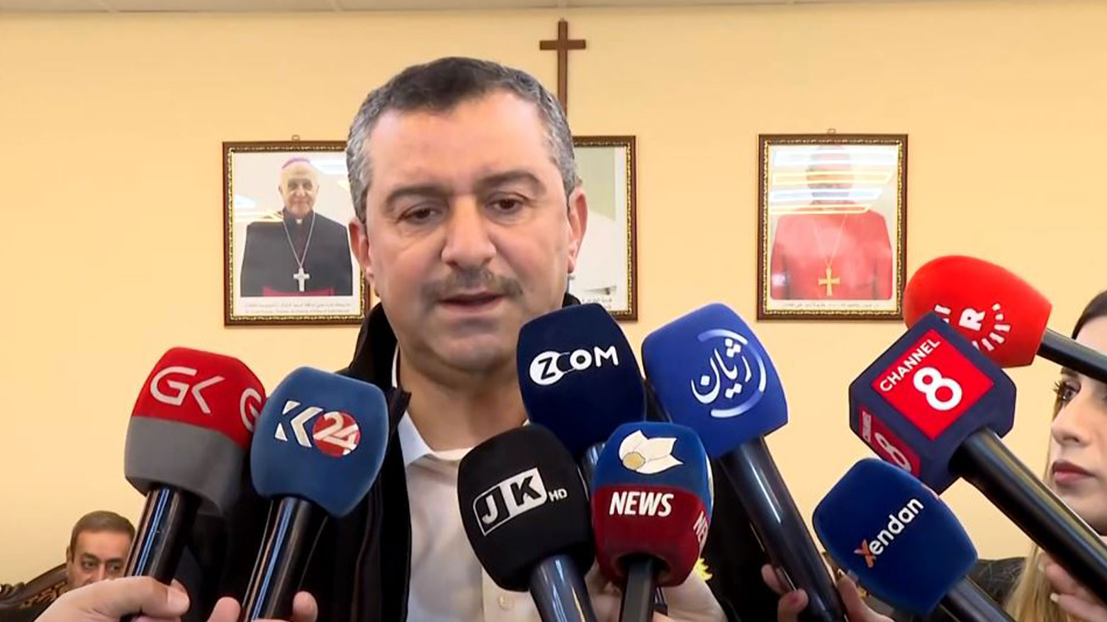 Sulaimani Governor Haval Abu Bakir speaking to reporters in Sulaimani at a church, Dec. 25, 2023. (Photo: Kurdistan24)