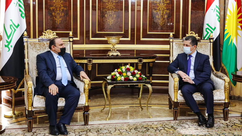 Prime Minister Masrour Barzani (right) during a meeting with Iraq's Justice Minister Salar Adbulstar, Feb. 1, 2021. (Photo: KRG)