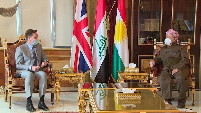 Masoud Barzani (right), leader of the Kurdistan Democratic Party, is photographed during a meeting with the British Ambassador to Iraq, Stephen Hickey, on Feb. 1, 2021. (Photo: Masoud Barzani’s office)