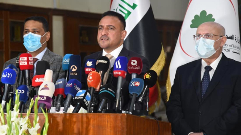 Iraqi Health Minister Hassan al-Tamimi speaks at a press conference. (Photo: Ministry of Health and Environment)
