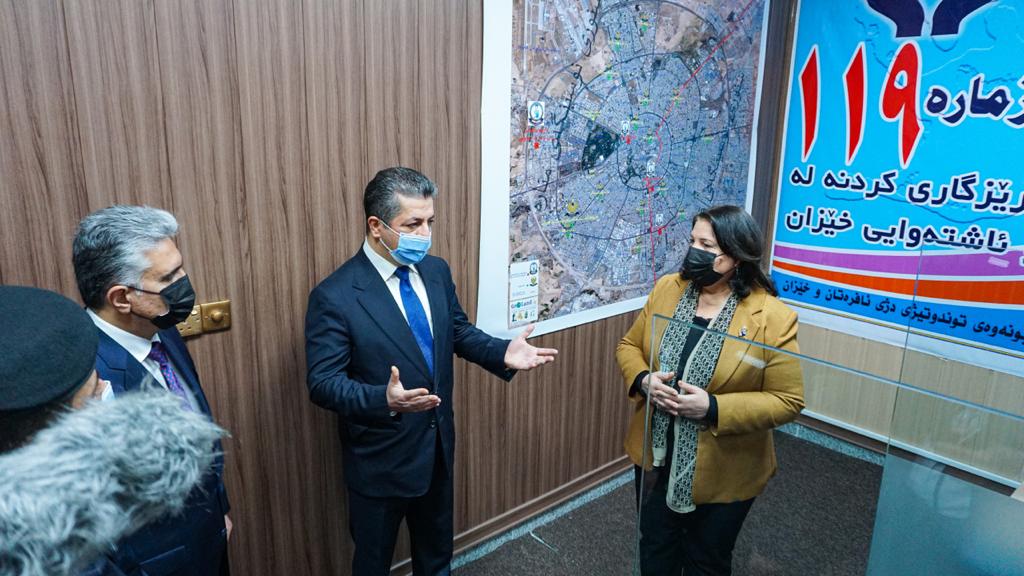 Prime Minister Barzani during his visit to the General Directorate for Combatting Violence Against Women in Erbil, Feb. 10, 2021. (Photo: KRG)