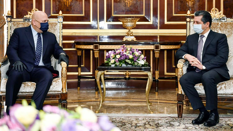 KRG Prime Minister Masrour Barzani (right) during a meeting with Karim Khan in Erbil, Oct. 25, 2020. (Photo: KRG)