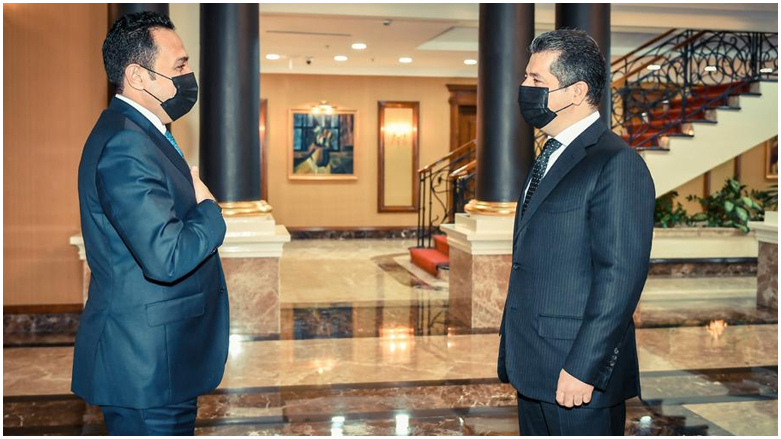Prime Minister of Kurdistan Regional Government, Masrour Barzani (Right), and the newly appointed governor of Erbil, Omed Khoshanw, Feb. 20, 2021. (Photo: KRG)