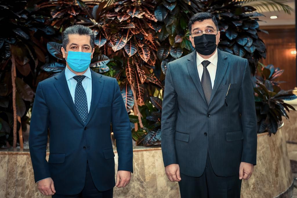 مەسرور بارزانی سەرۆکی حکومەتی هەرێمی کوردستان، پێشوازی لە مەهدی ڕەشید حەمەدانی، وەزیری سەرچاوە ئاوییەکانی حکومەتی فیدراڵی کرد