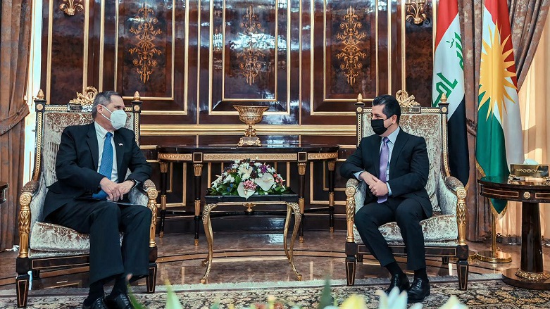 Prime Minister of Kurdistan Regional Government, Masrour Barzani (Right), with Matthew H. Tueller the US ambassador to Iraq, Feb. 24, 2021. (Photo: KRG)