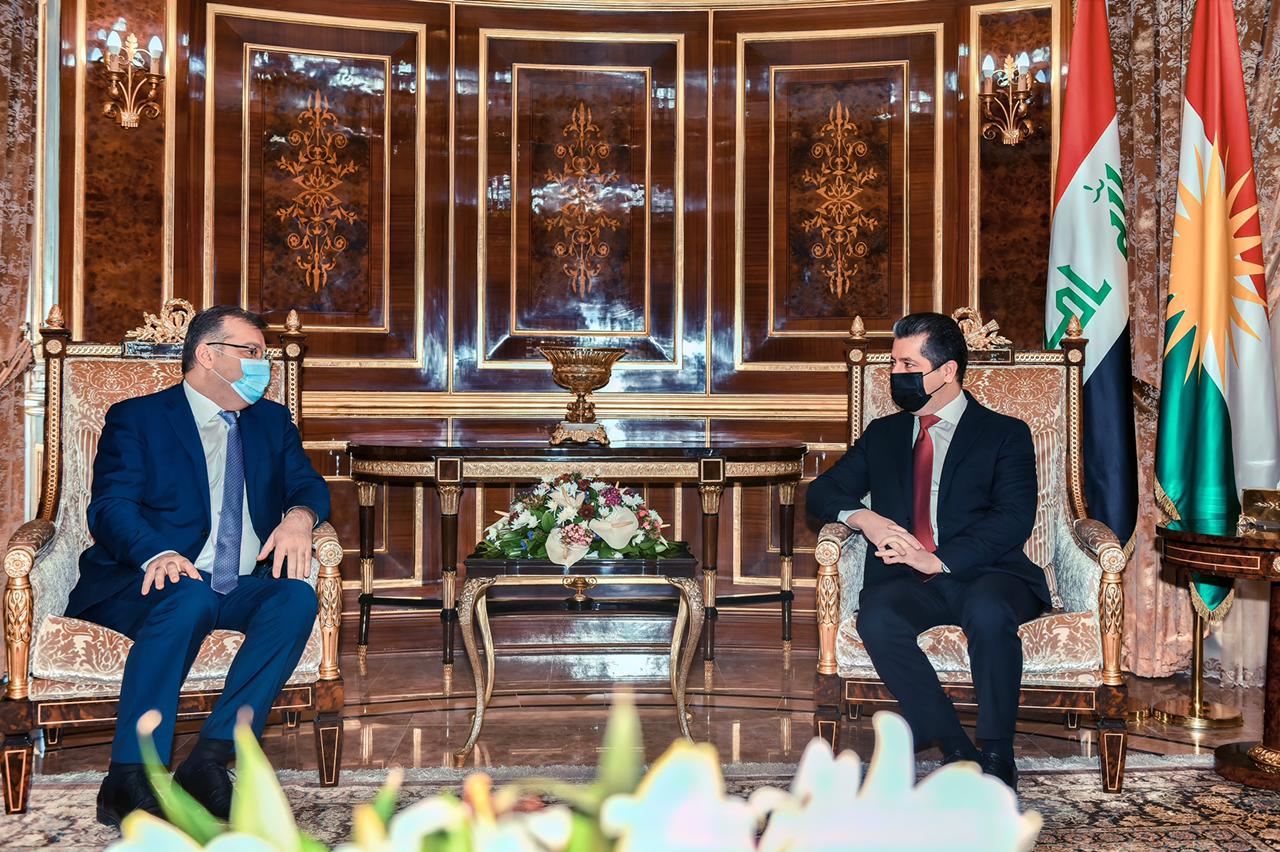 KRG Prime Minister Masrour Barzani (right) during a meeting with Armenian Deputy Foreign Minister Artak Apitonian in Erbil, Feb. 25, 2021. (Photo: KRG)