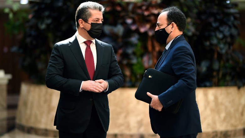 Kurdistan Region Prime Minister Masrour Barzani (left) receives Osman Baydemir, a popular Kurdish politicain now exiled from Turkey, Feb. 25, 2021. (Photo: KRG)