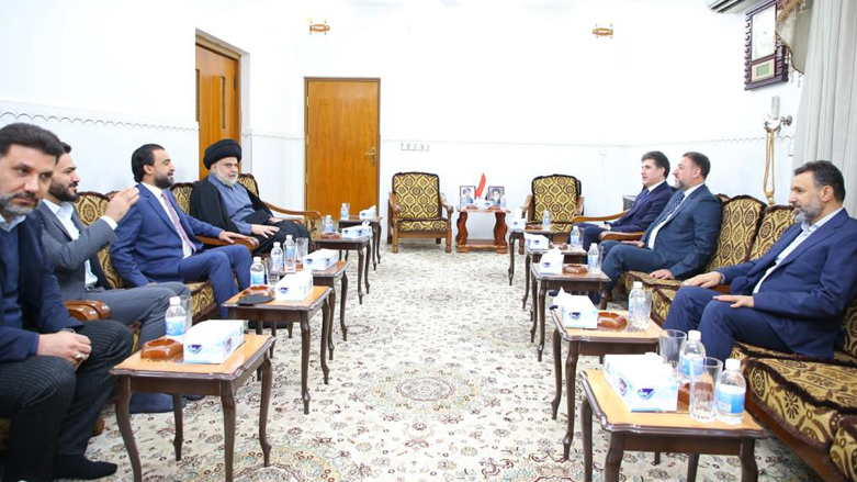 Kurdish and Sunni leaders meeting with Muqtada al-Sadr (top left) in Najaf, Jan. 31, 2022 (Photo: Kurdistan Region Presidency)