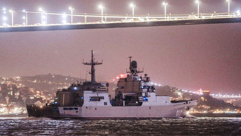 Russian Navy ships pass through the Bosporus from the Mediterranean to the Black Sea. (Photo: BBC)