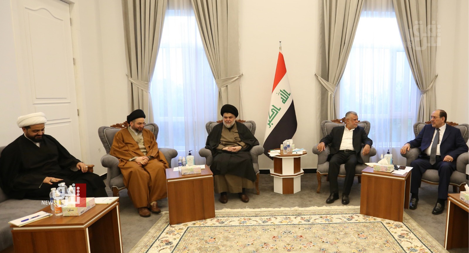 Sadrist Movement leader Muqtada al-Sadr in meeting with leaders of the Shite Coordination Framework at his headquarters in Al-Hananah, Najaf. (Photo: Muqtada al-Sadr's Media Office)
