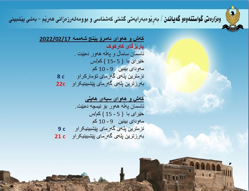كەشوھەوای ئەمڕۆ و سبەی كەركووك
