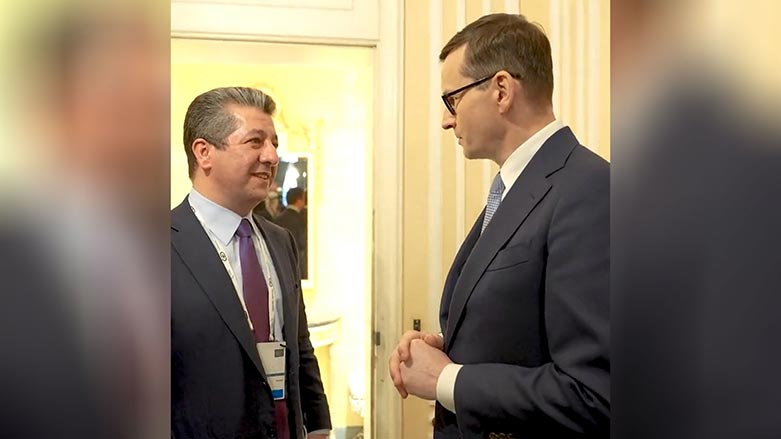 Kurdistan Region PM Masrour Barzani in meeting with his Polish counterpart Mateusz Morawiecki on the sidelines of the Munich Security Conference, Germany, Feb. 19, 2022. (Photo: Kurdistan 24)