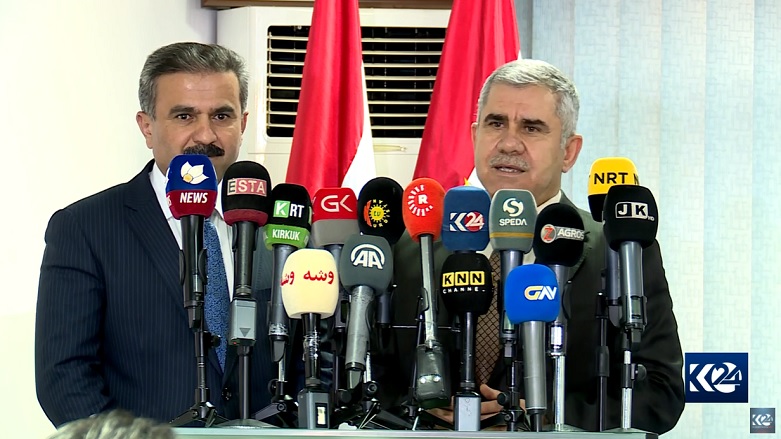 KRG Minister of Trade and Industry Kamal Muslim in a joint press conference with Shukri Mohammed, head of KRG Board of Investment, Feb. 21, 2022. (Photo: Kurdistan 24)