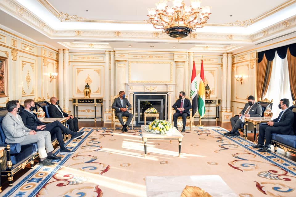 PM Barzani (top right) met with the world-renowned footballers Robert Carlos and Patrick Kluivert in the Kurdistan Region Erbil, Feb. 22, 2022. (Photo: KRG)