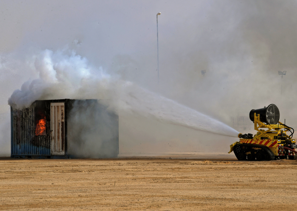 A Light unmanned Fire Fighter by UAE is used during a live demonstration at the UMEX Exhibition showcasing drones, robotics, and unmanned sytems at the Abu Dhabi National Exhibition Centre in the gulf emirate, Feb. 23, 2022. (Photo: AFP)